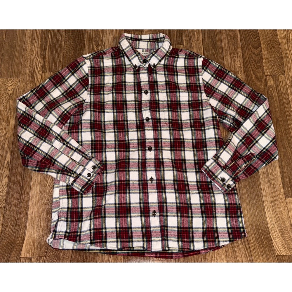 LL Bean Flannel Plaid‎ Button Down Shirt Long Sleeve Red White Green Men's M